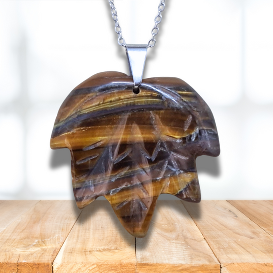 Pendentif feuille sculptée feuille Œil de Tigre (PE1219-2) - ENAE Minéraux