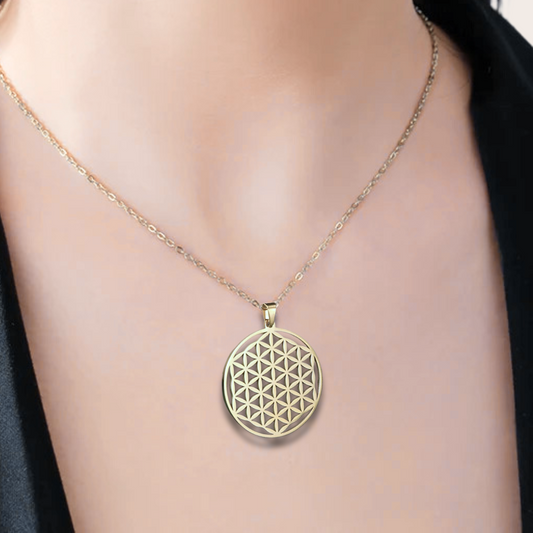 Pendentif Fleur de Vie en acier inoxydable doré