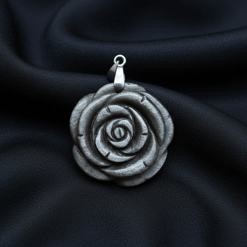 Pendentif Fleur sculptée en Obsidienne argentée (PE1146-2)