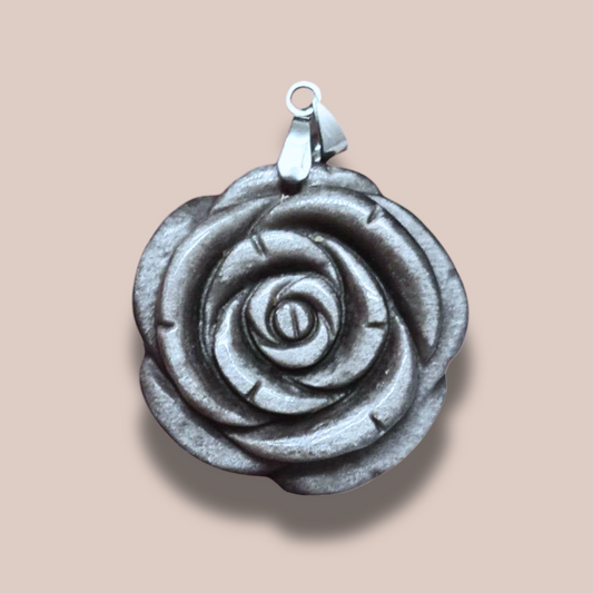 Pendentif Fleur sculptée en Obsidienne argentée (PE1146-2)