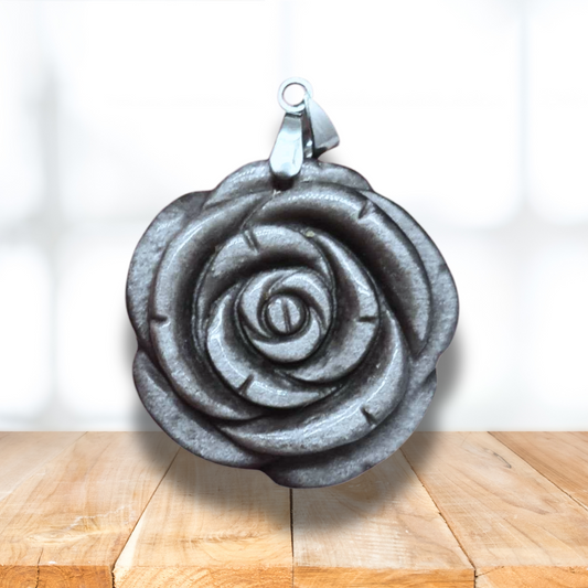Pendentif Fleur sculptée en Obsidienne argentée (PE1146-2) - ENAE Minéraux