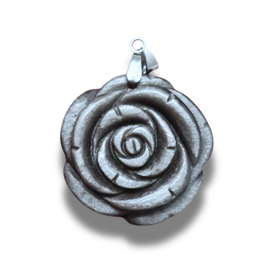 Pendentif Fleur sculptée en Obsidienne argentée (PE1146-2) - ENAE Minéraux