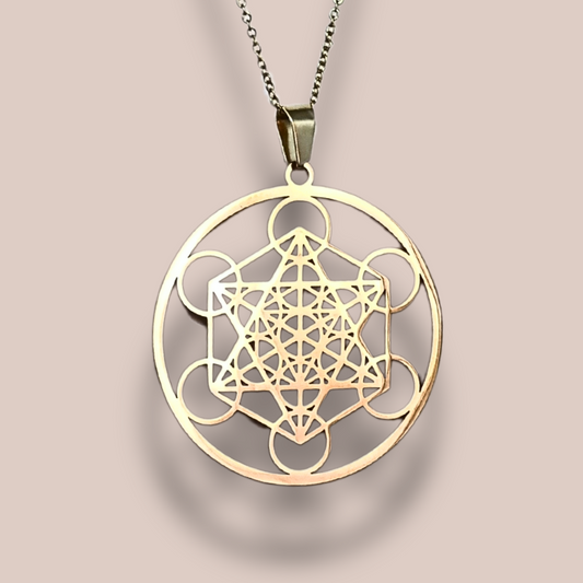 Pendentif Cube de Metatron en acier inoxydable doré