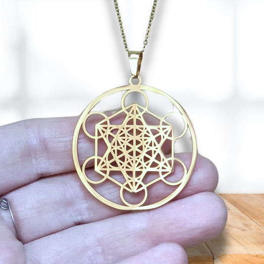 Pendentif Cube de Metatron en acier inoxydable doré