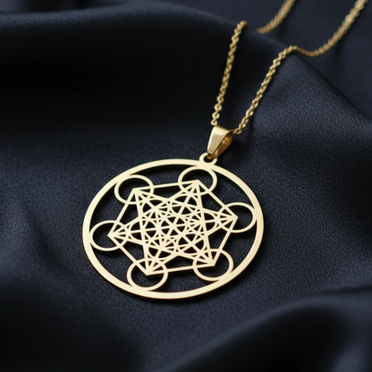 Pendentif Cube de Metatron en acier inoxydable doré