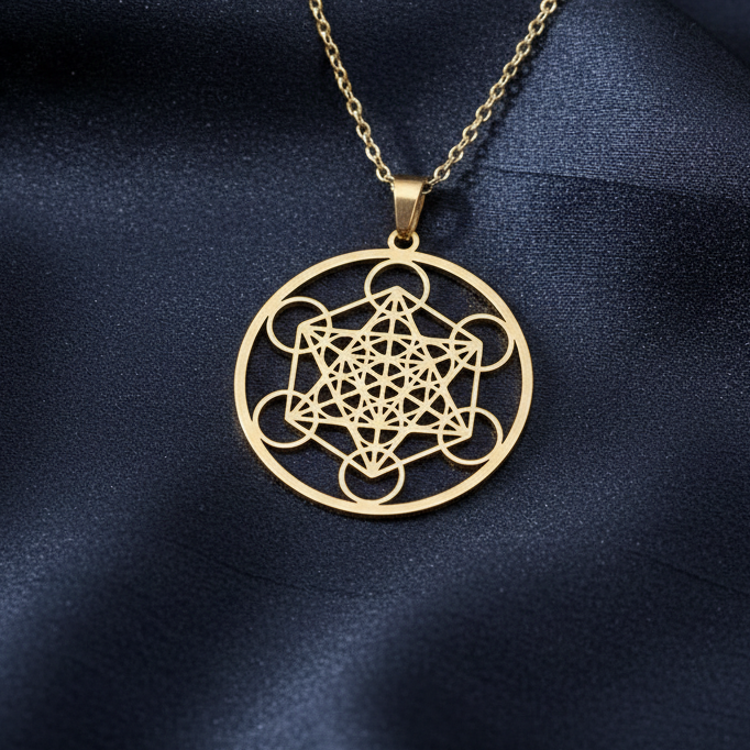 Pendentif Cube de Metatron en acier inoxydable doré