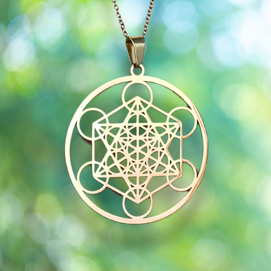 Pendentif Cube de Metatron en acier inoxydable doré