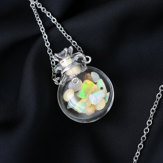 Pendentif bouteille en verre remplie d'Opale de Welo (PE1457-3)