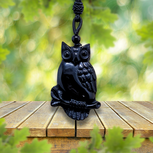 Pendentif chouette sur sa branche en Obsidienne noire (PE1296-7)