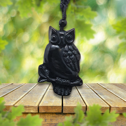 Pendentif chouette sur sa branche en Obsidienne noire (PE1296-6)