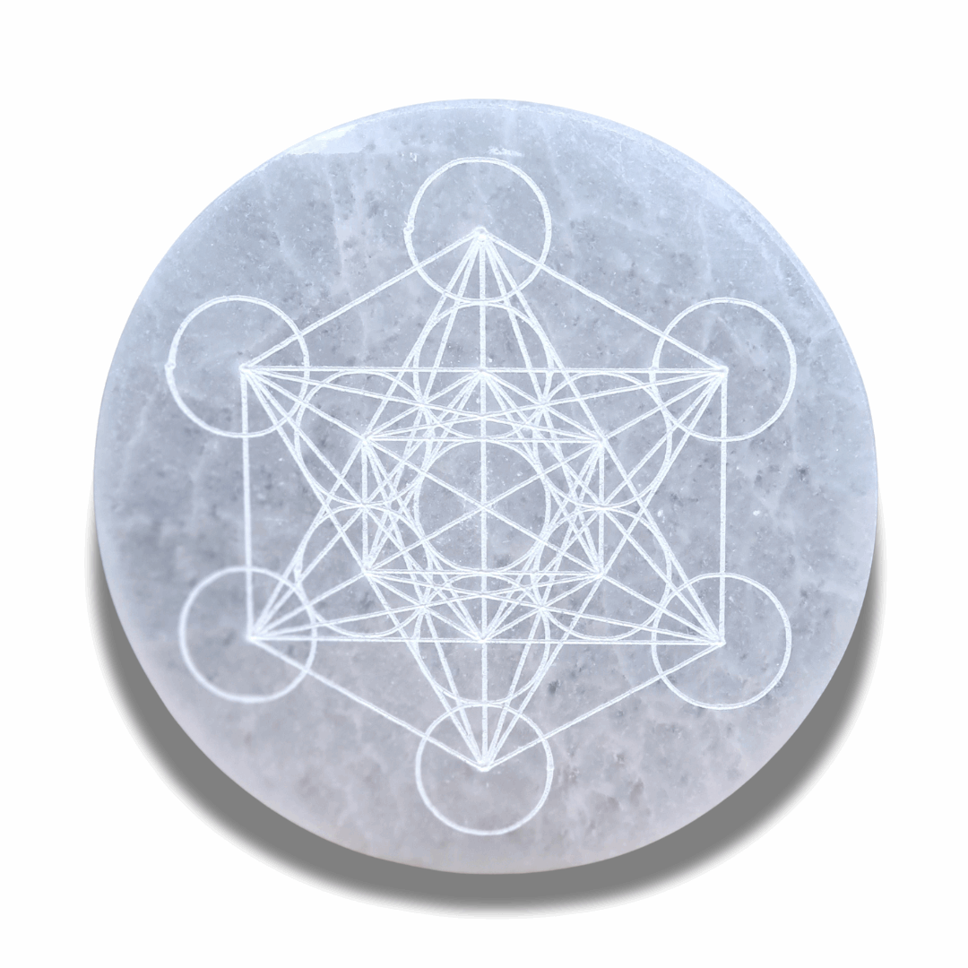 Plaque en Sélénite avec Cube de Metatron gravé - ENAE Minéraux
