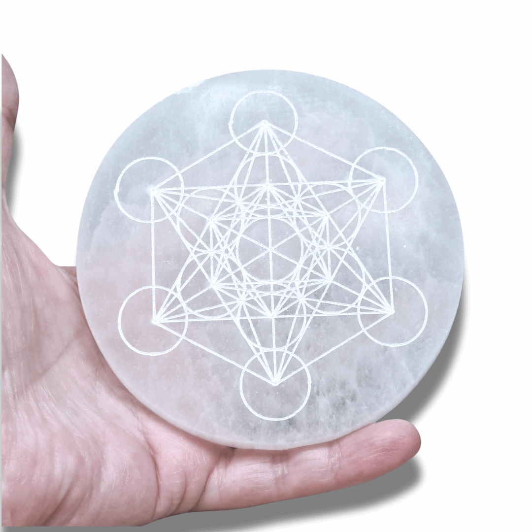 Plaque en Sélénite avec Cube de Metatron gravé - ENAE Minéraux