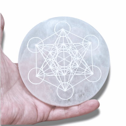 Plaque en Sélénite avec Cube de Metatron gravé - ENAE Minéraux
