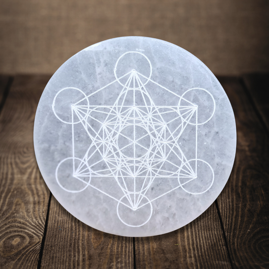 Plaque en Sélénite avec Cube de Metatron gravé (SELMET)