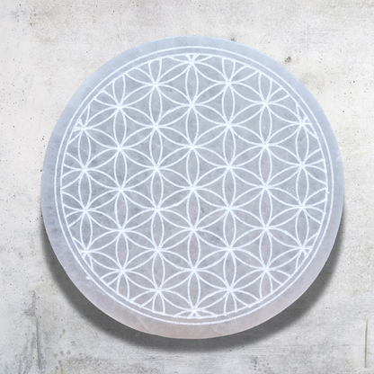 Plaque en Sélénite avec Fleur de Vie gravée 250g - ENAE Minéraux