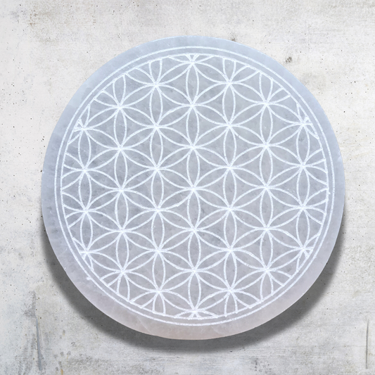 Plaque en Sélénite avec Fleur de Vie gravée 250g - ENAE Minéraux