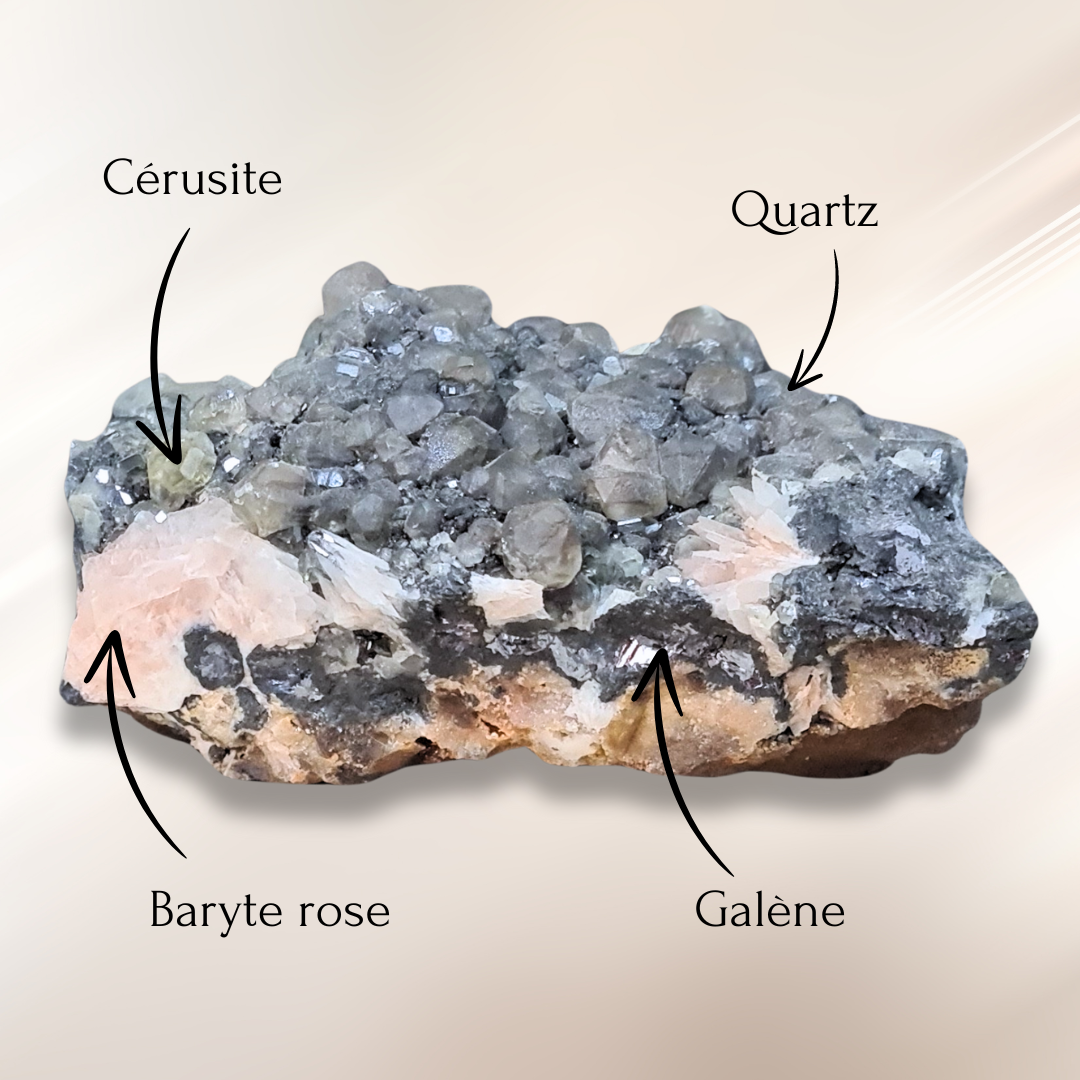 Quartz, Cérusite, Baryte rose et Galène brut (MB545)