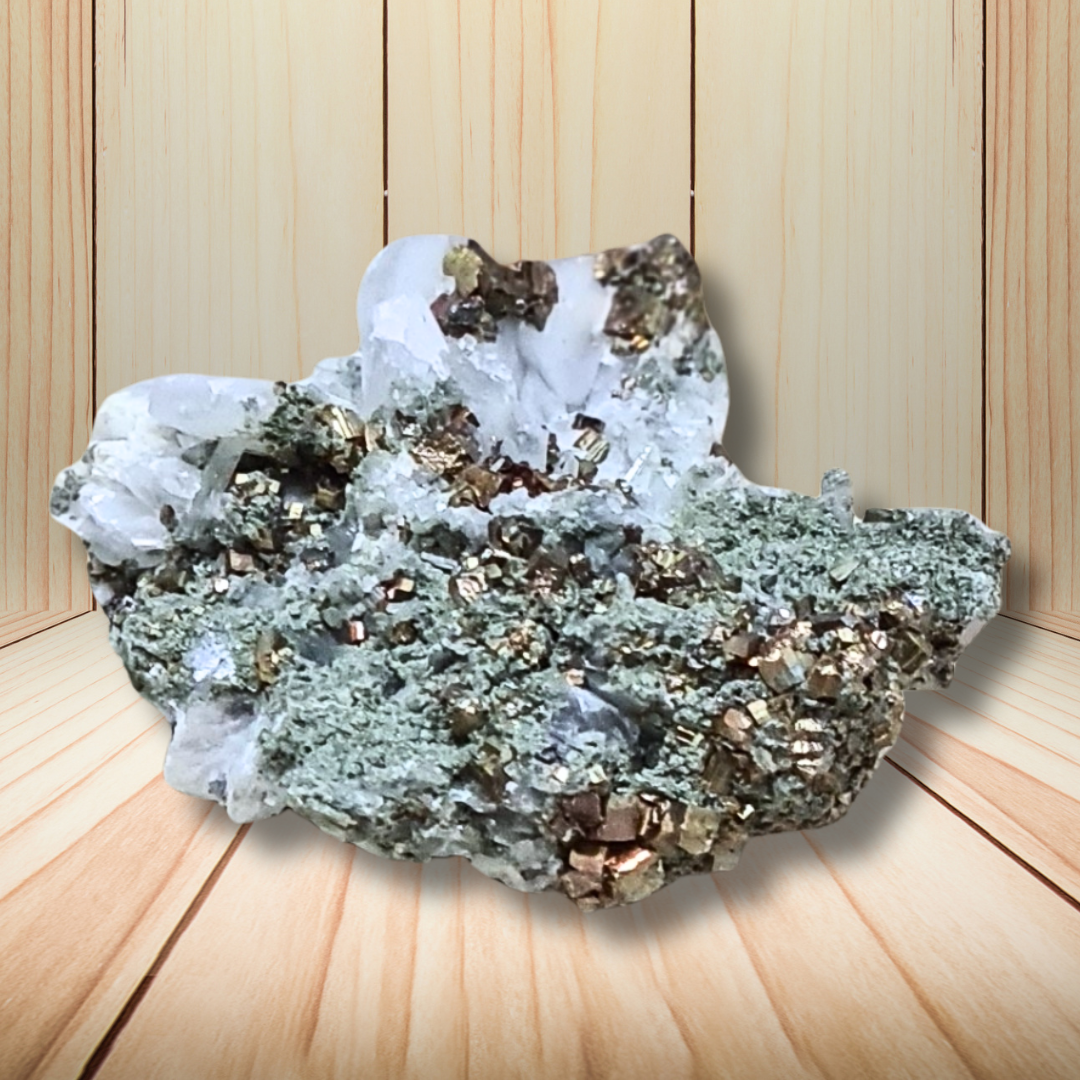 Quartz, Chlorite, Calcite et Pyrite bruts 43g (MB478) - ENAE Minéraux
