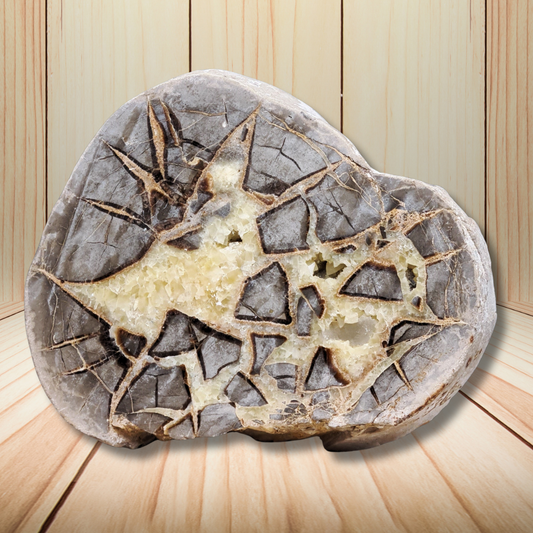 Tranche de Septaria et Calcite jaune brute et polie 388g (MB452) - ENAE Minéraux
