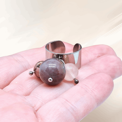 Bague réglable en Agate indienne, Rhodonite et Quartz rose (BAGA3P)