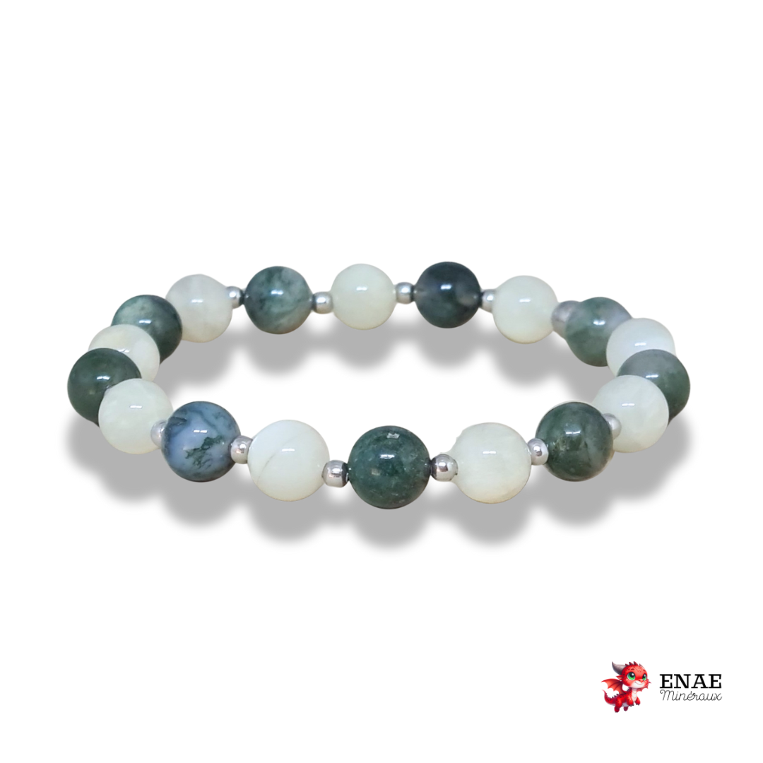 Bracelet en Agate mousse et Pierre de Lune blanche