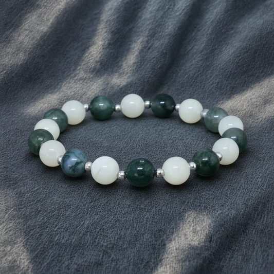 Bracelet en Agate mousse et Pierre de Lune blanche