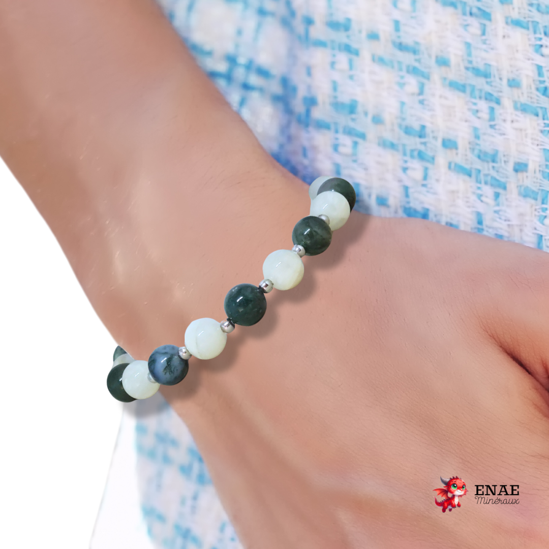 Bracelet en Agate mousse et Pierre de Lune blanche