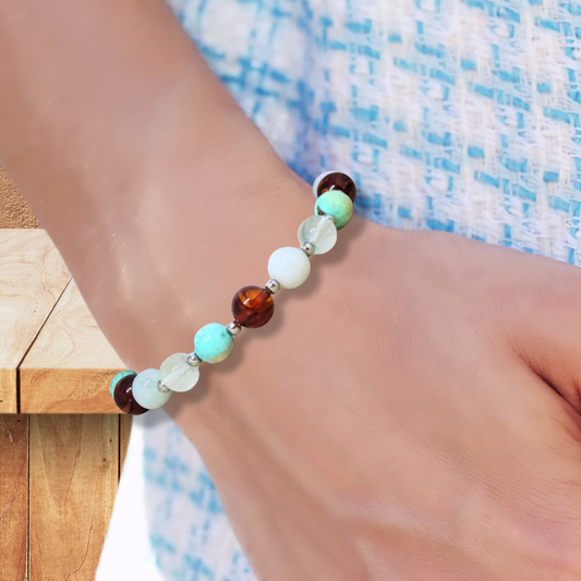 Bracelet en Ambre, Turquoise, Topaze et Célestine
