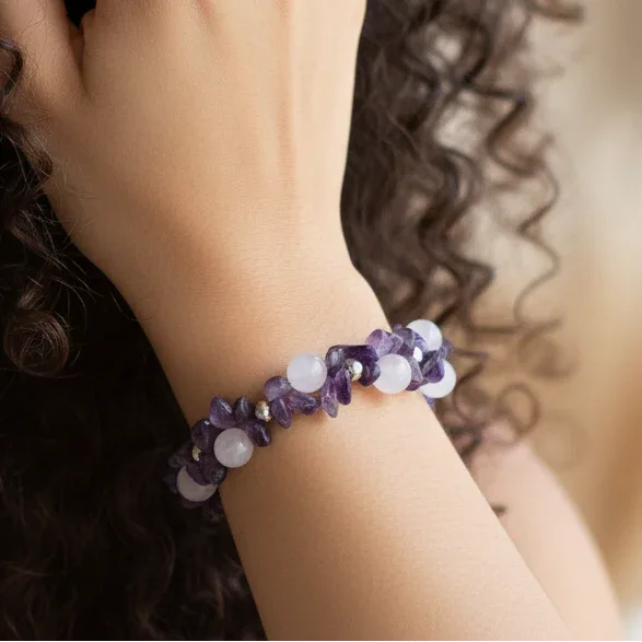 Bracelet tissé en Quartz rose et Améthyste