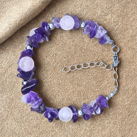 Bracelet tissé en Quartz rose et Améthyste