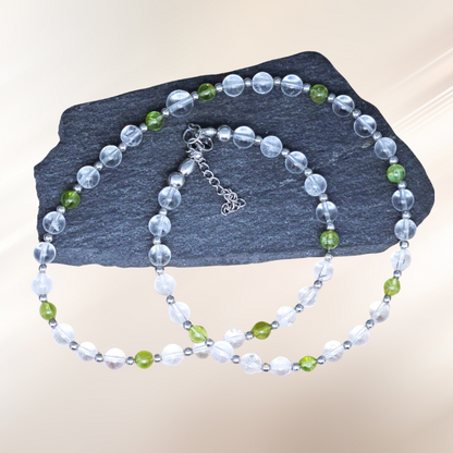 bracelet, collier, cristal de roche, lithotherapie, peridot, pierre ENAE Mineraux