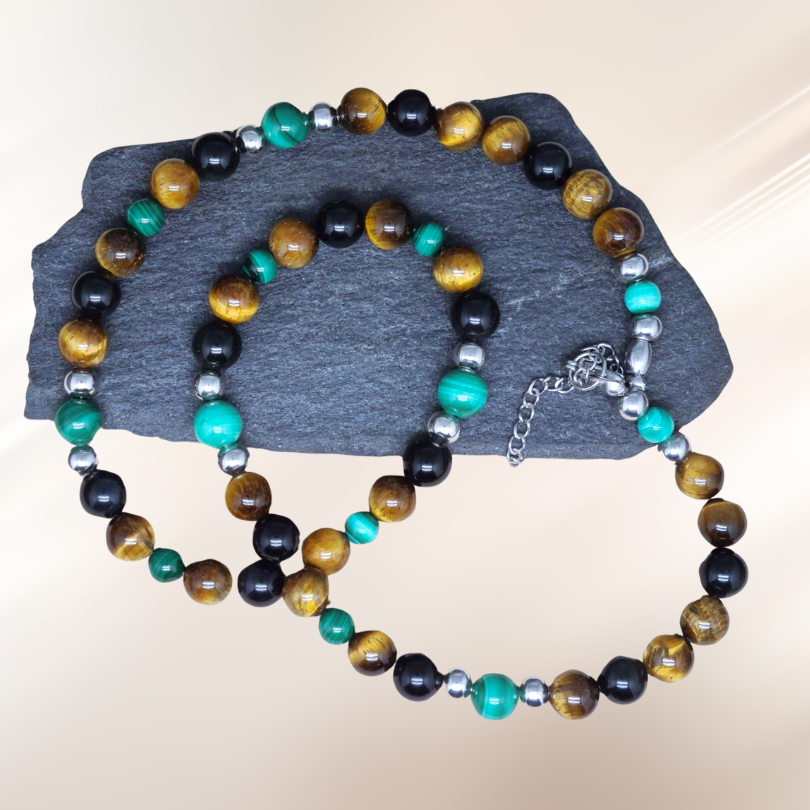 bracelet, collier, lithotherapie, malachite, obsidienne noire, oeil de tigre, perles, pierre ENAE Mineraux