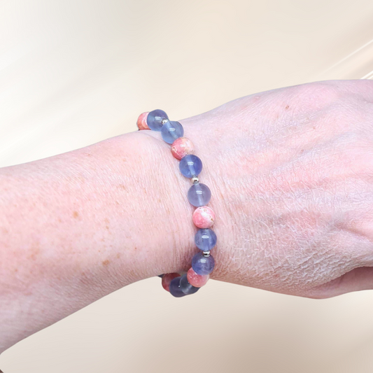 bracelet, fluorite bleue, lithotherapie, pierre, rhodochrosite ENAE Mineraux
