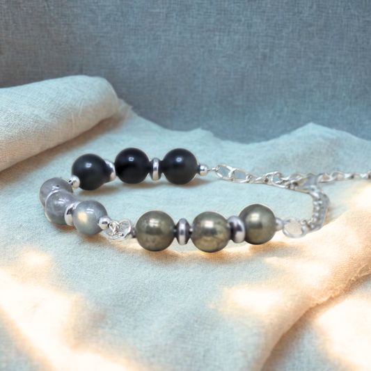 Bracelet en perles de Labradorite, Obsidienne Œil céleste et Pyrite