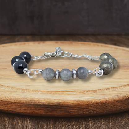Bracelet en perles de Labradorite, Obsidienne Œil céleste et Pyrite - ENAE Minéraux