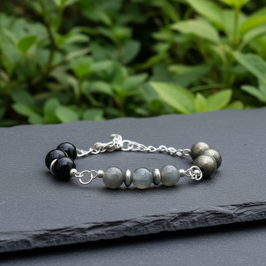 Bracelet en perles de Labradorite, Obsidienne Œil céleste et Pyrite