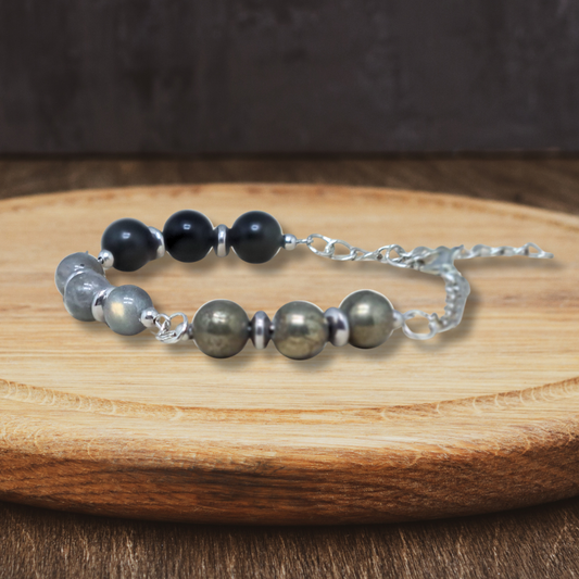 Bracelet en perles de Labradorite, Obsidienne Œil céleste et Pyrite - ENAE Minéraux