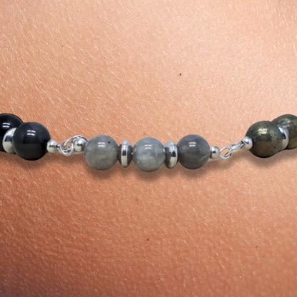Bracelet en perles de Labradorite, Obsidienne Œil céleste et Pyrite - ENAE Minéraux