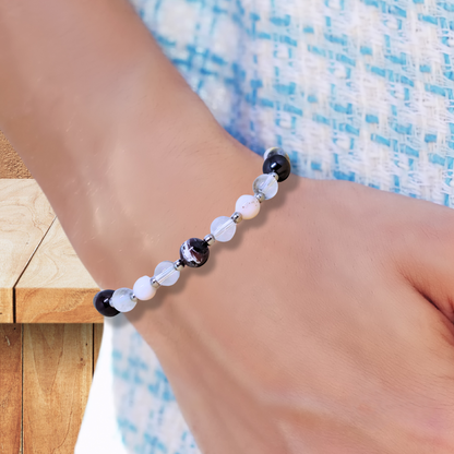 Bracelet en Sugilite, Opale rose et Cristal de Roche