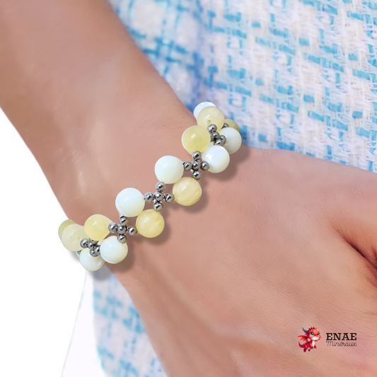 Bracelet tissé en Calcite jaune et Nacre