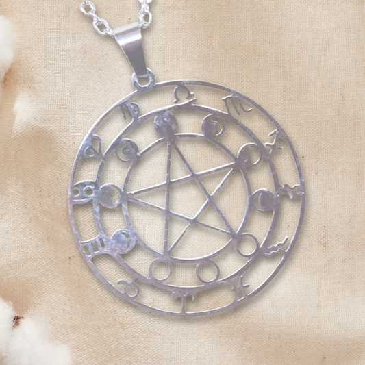 Pendentif Pentacle, Lune et astrologie en acier inoxydable