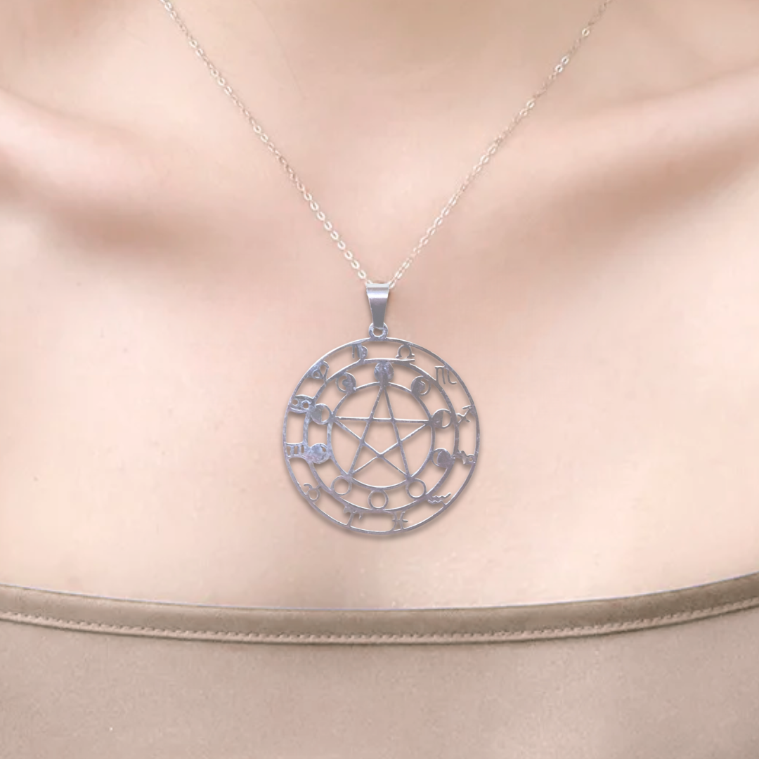 Pendentif Pentacle, Lune et astrologie en acier inoxydable