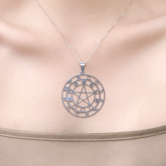 Pendentif Pentacle, Lune et astrologie en acier inoxydable