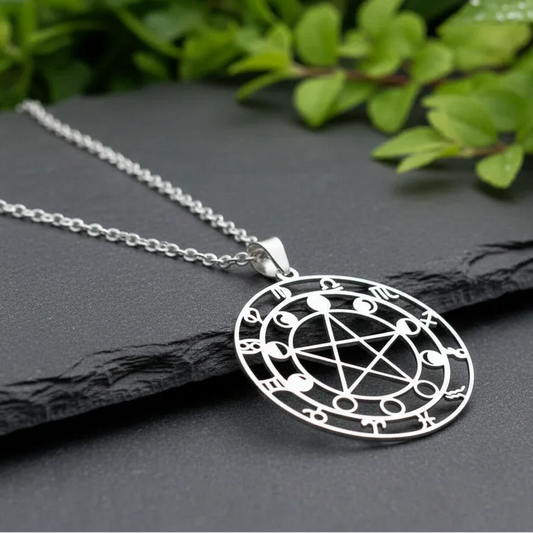 Pendentif Pentacle, Lune et astrologie en acier inoxydable - ENAE Minéraux