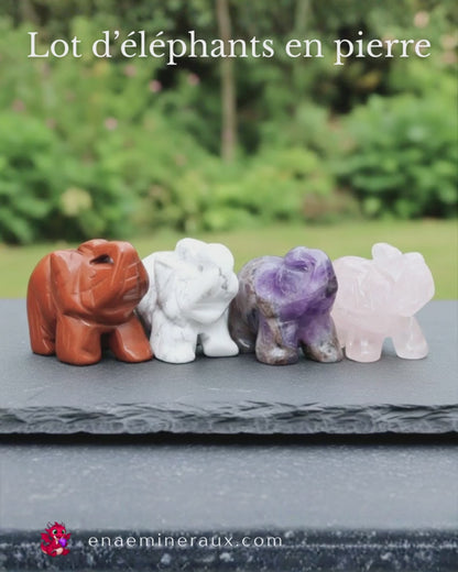 Lot de 4 éléphants en Quartz rose, Jaspe Rouge, Améthyste et Howlite (PRGFL346-70)