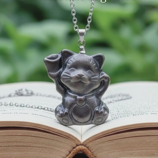 Pendentif Chat porte bonheur Obsidienne argentée